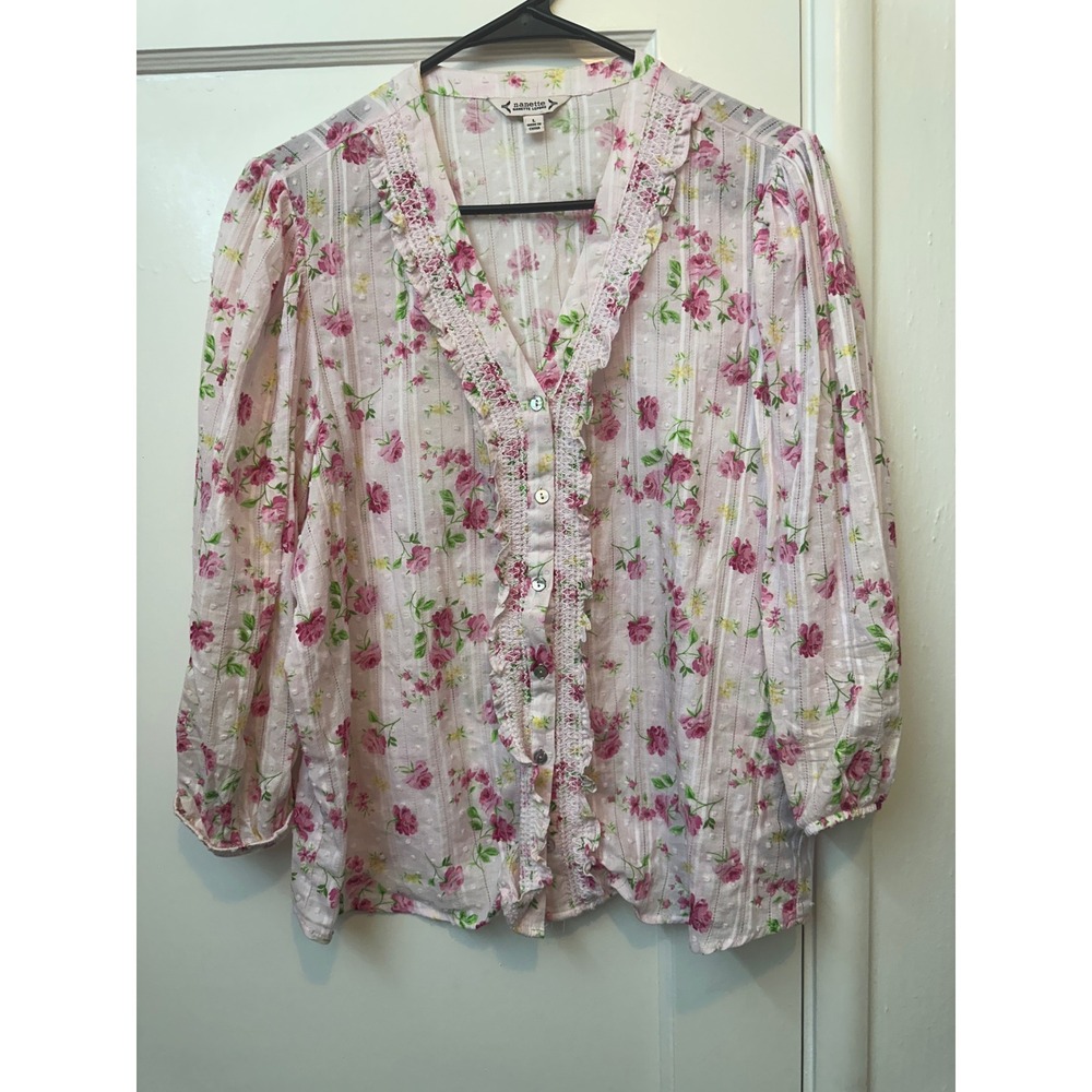 Nanette Lepore Womens Pink Floral Swiss Dot Ruffle Lace V-Neck Blouse Top Large